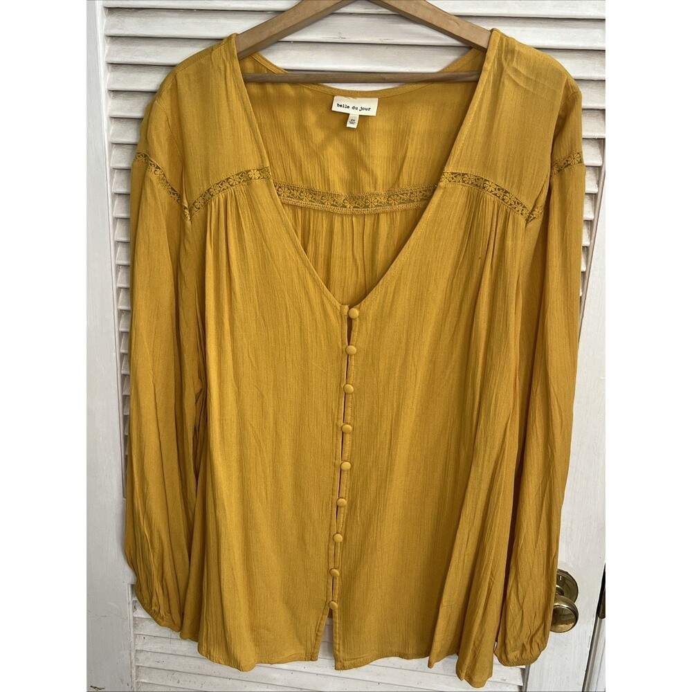 Belle du Jour Mustard Yellow V-Neck Long Sleeve Boho Peasant Top 2X Never Worn